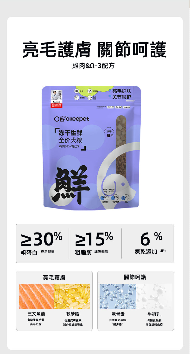 【Okeepet凍乾生鮮全營養犬糧｜鴨肉藍莓配方】