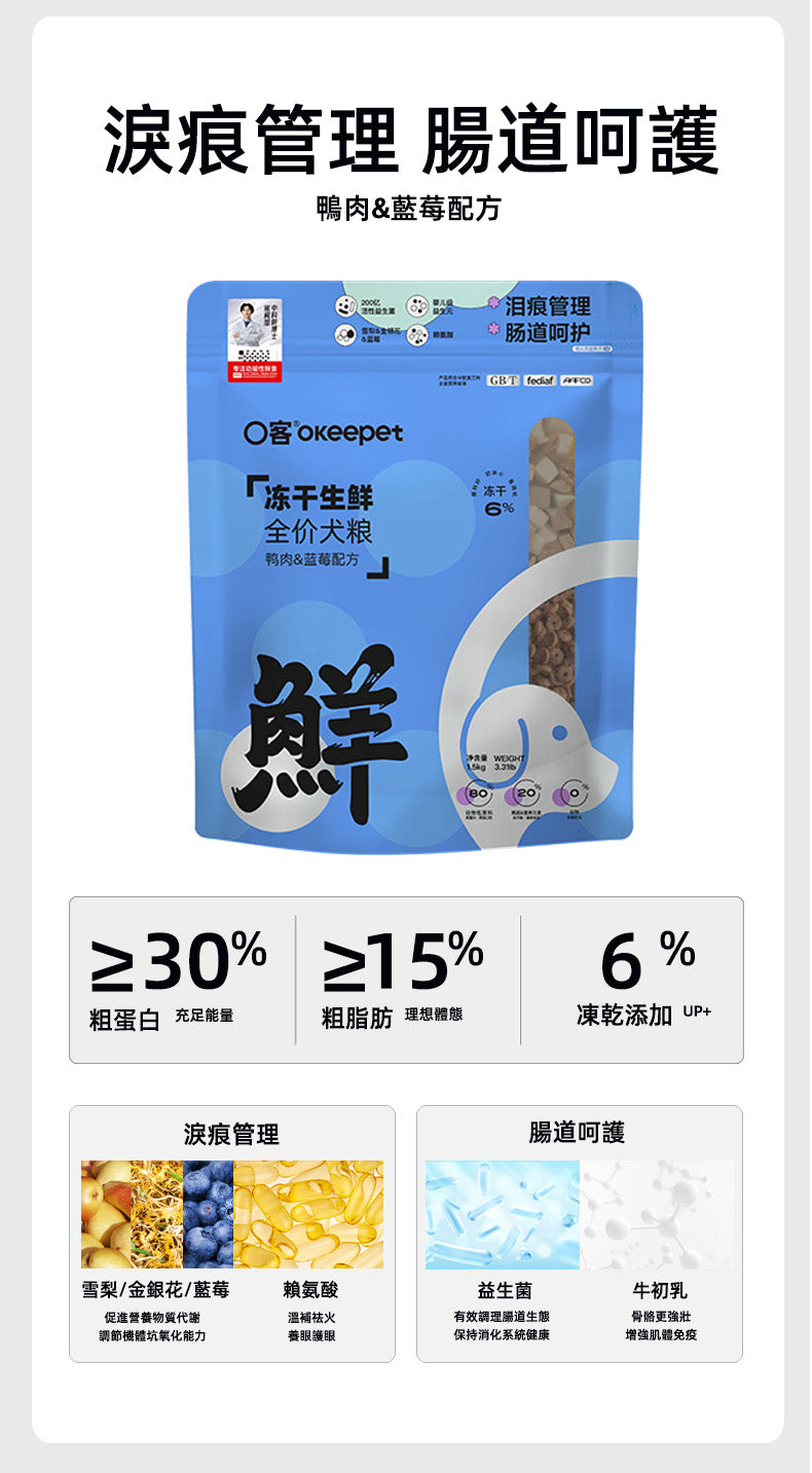 【Okeepet凍乾生鮮全營養犬糧｜鴨肉藍莓配方】